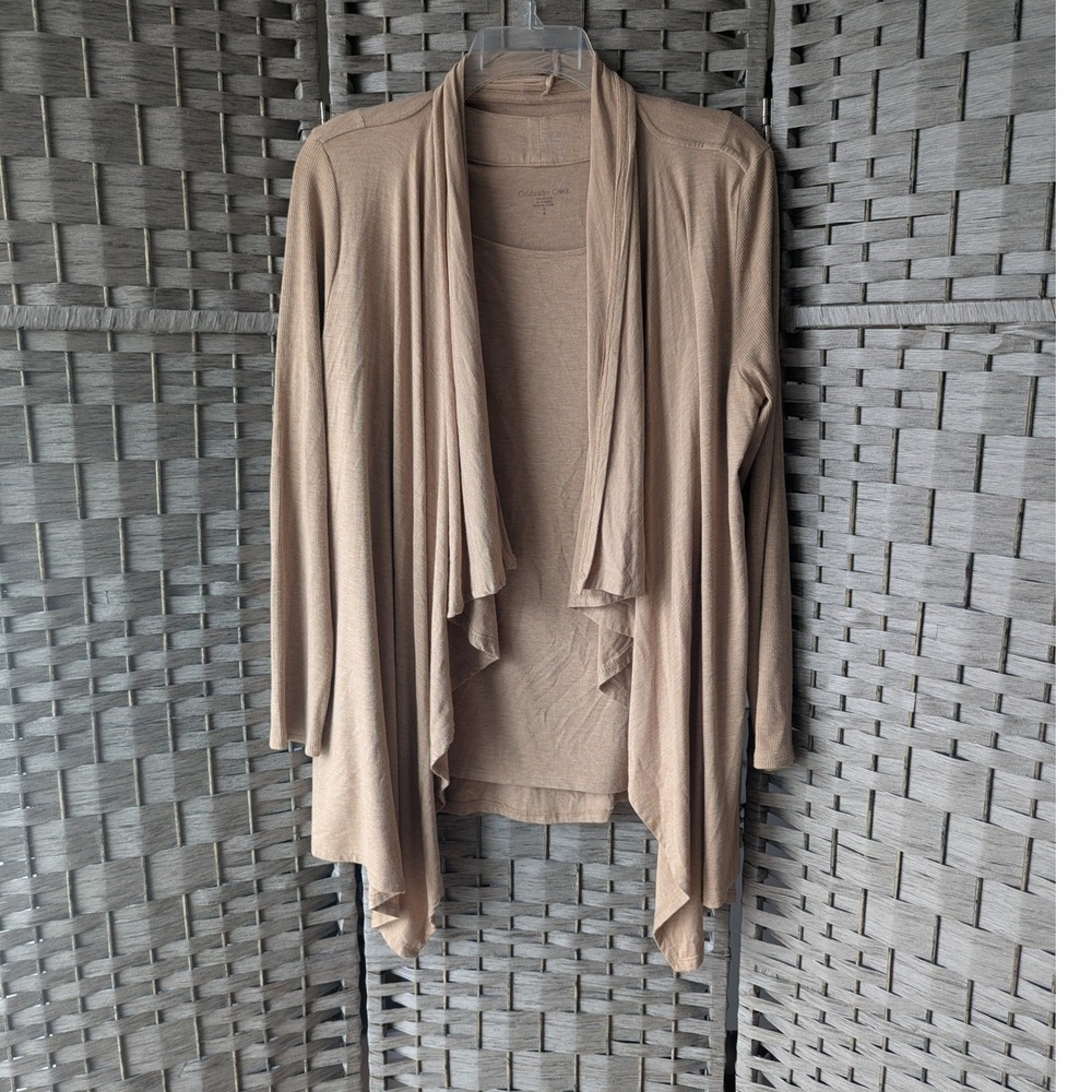 Coldwater Creek Twin Set Tan Shell w/ Draped Open Front Cardigan Viscose Sz S